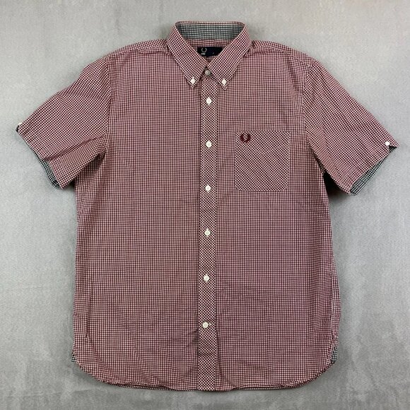 Fred Perry Mens Shirt Large Red White Check Plaid Button Up Short Sleeve Pocket - Picture 1 of 10
